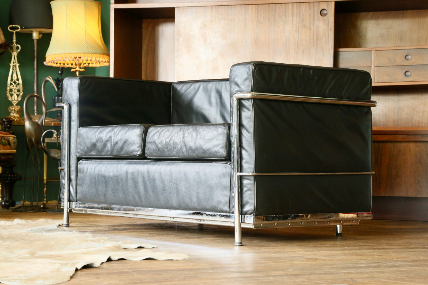 Bauhaus LC2-2 Style Chrome & Black Leather 2 Seater Sofa