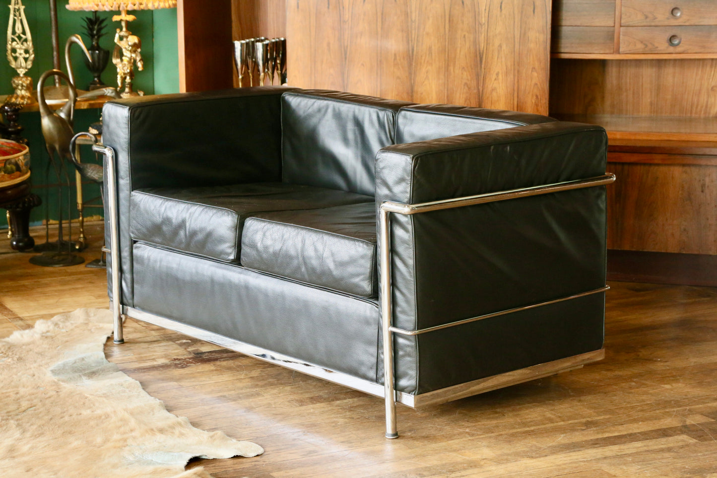 Bauhaus LC2-2 Style Chrome & Black Leather 2 Seater Sofa