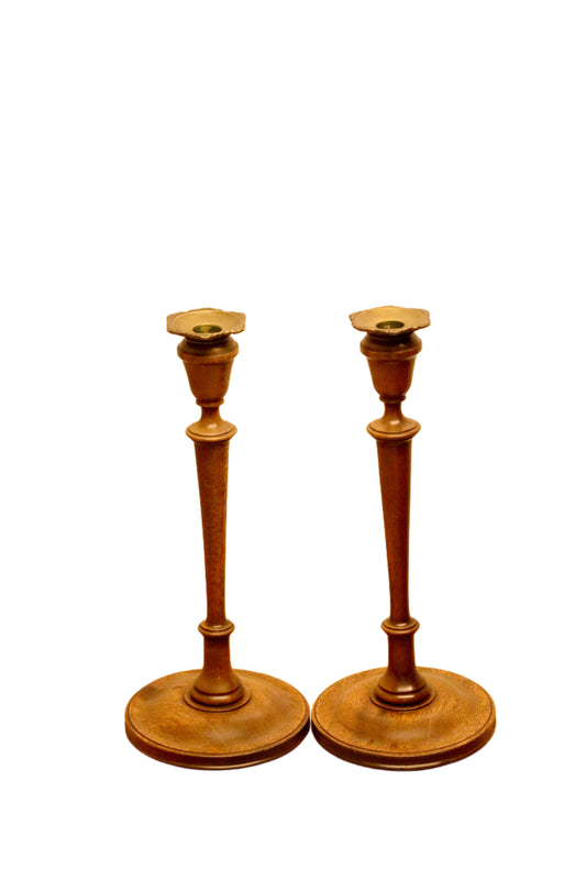 Pair Vintage Turned Oak and Brass Candle Holders