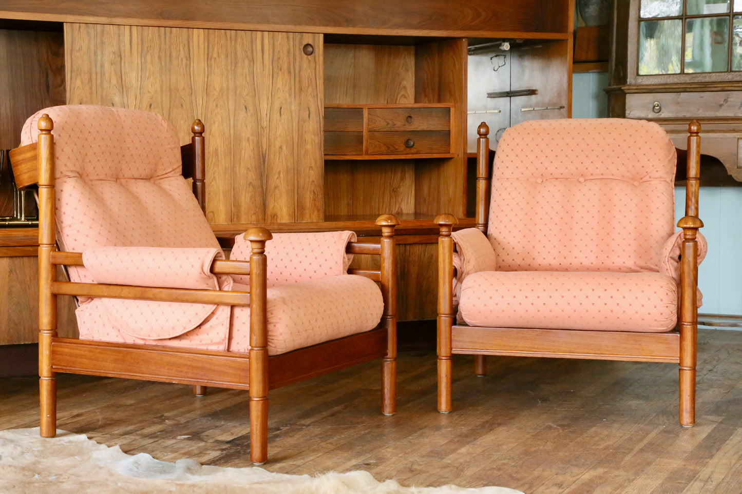 Guy Rogers, Pair British Mid Century Modern Teak Lounge Armchairs