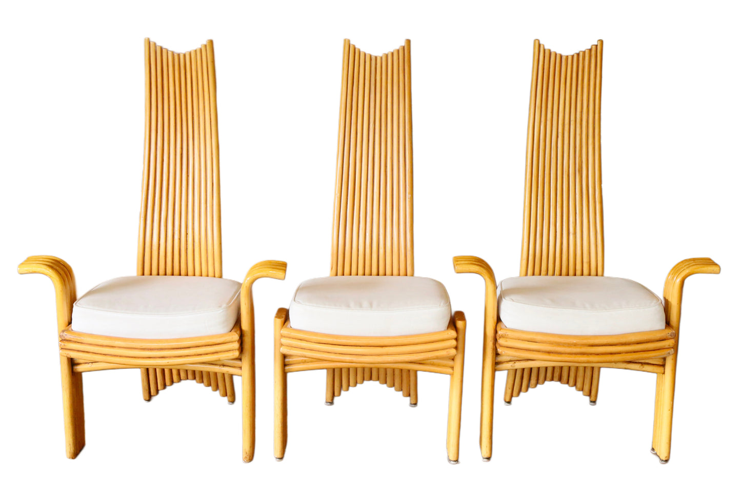 Fine Set of 6(4+2) Modernist Tall Back Rattan/Wicker Dining Chairs By Arthur Edwards For McGuire