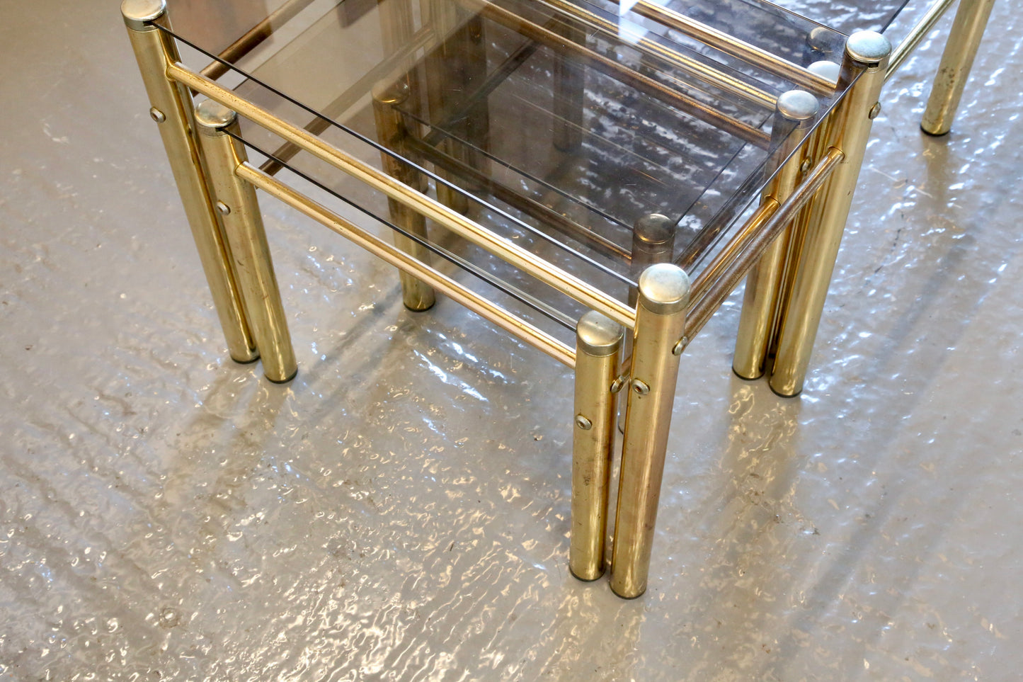 Mid Century Modern Hollywood Regency Smoked Glass Gilt Brass Nest Of Tables