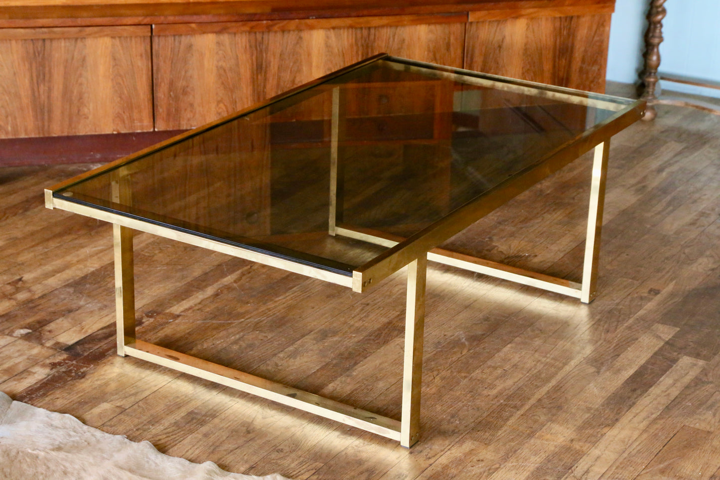 French Hollywood Regency Gilt Brass & Smoked Lucite Coffe Table