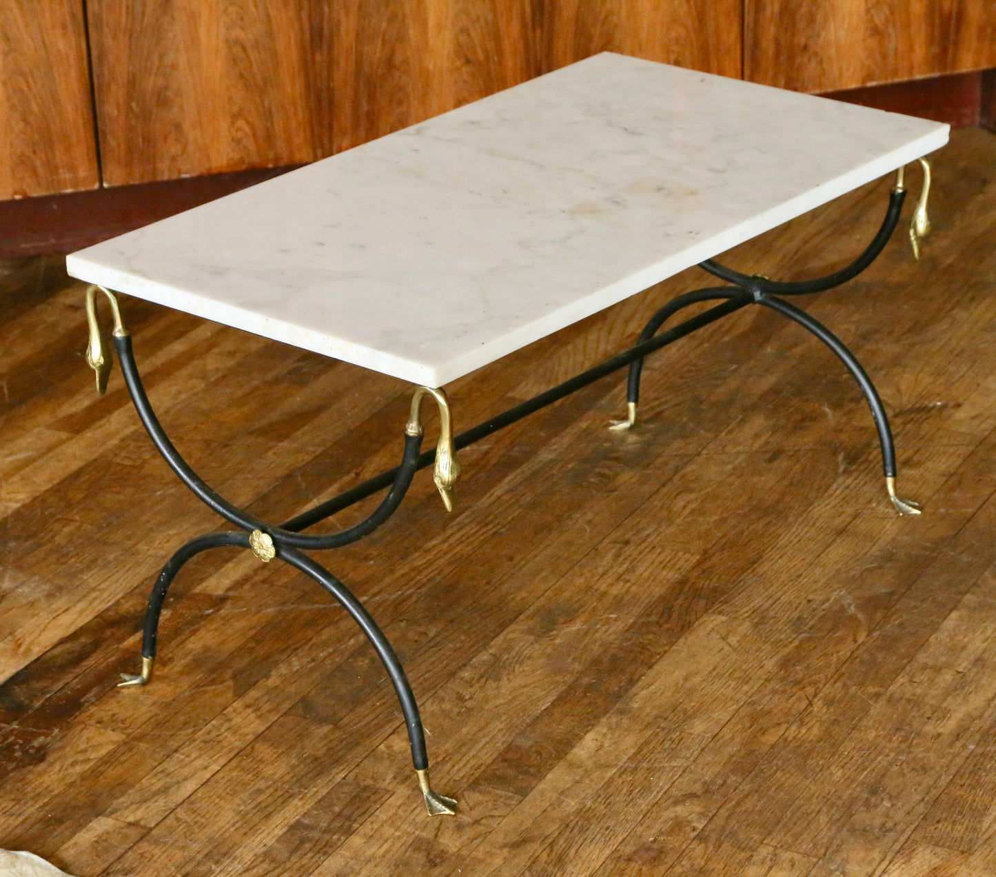 French Hollywood Regency Marble, Brushed Steel & Brass Coffee Table