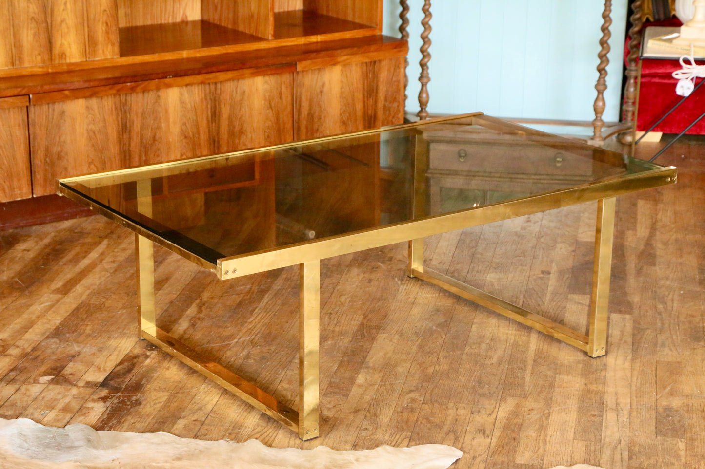 French Hollywood Regency Gilt Brass & Smoked Lucite Coffe Table