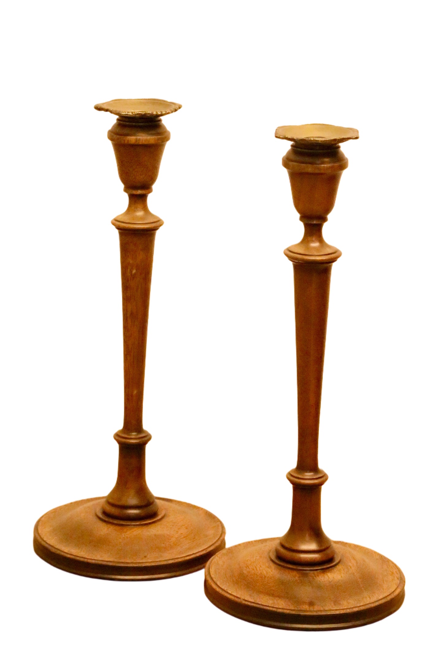 Pair Vintage Turned Oak and Brass Candle Holders