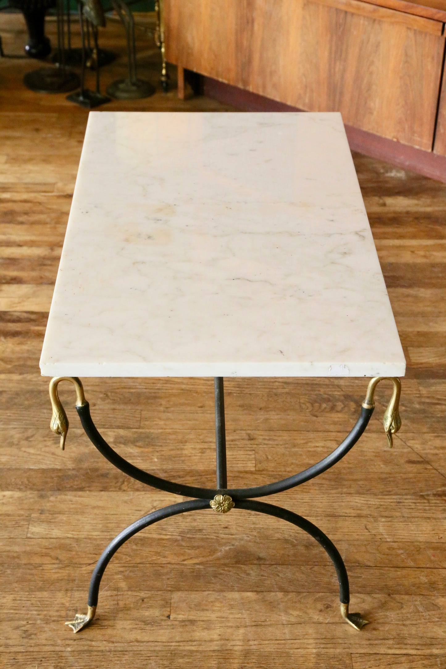 French Hollywood Regency Marble, Brushed Steel & Brass Coffee Table