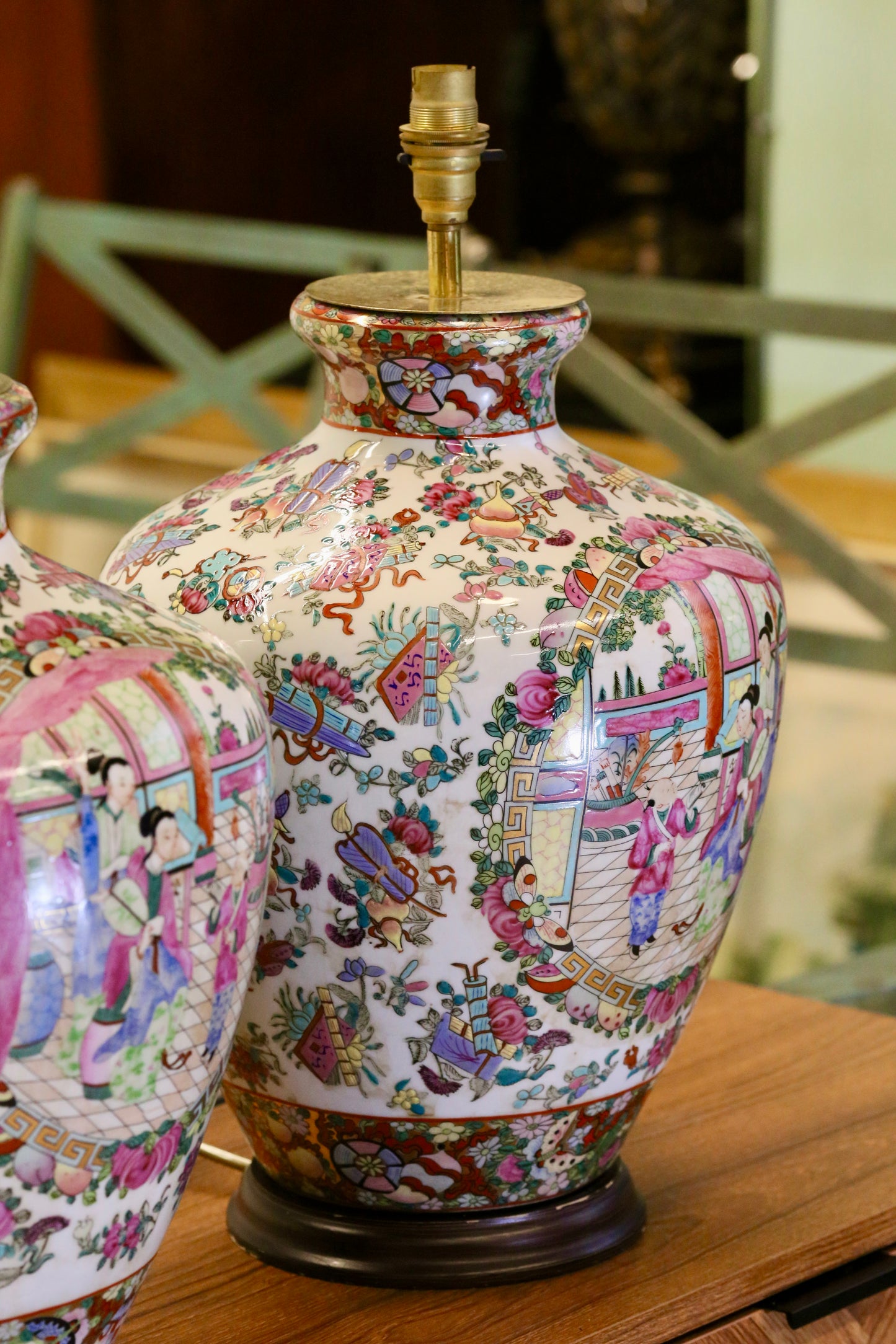 Vintage Pair of Chinese Porcelain Table Lamps with Qing Dynasty Motifs with Green Silk Shades