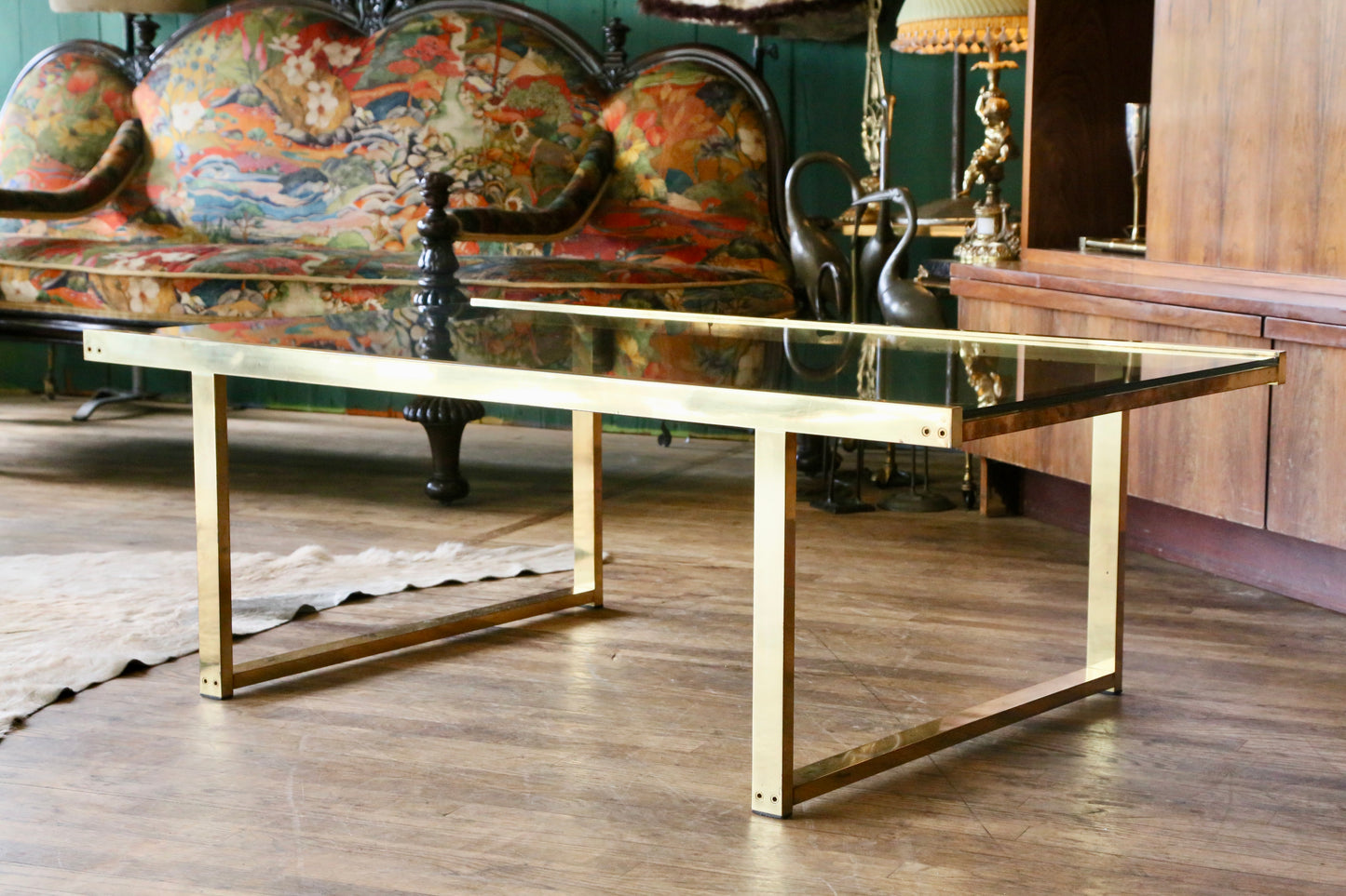 French Hollywood Regency Gilt Brass & Smoked Lucite Coffe Table