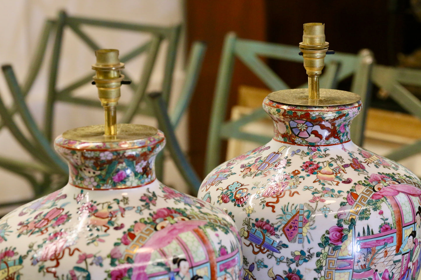 Vintage Pair of Chinese Porcelain Table Lamps with Qing Dynasty Motifs with Green Silk Shades