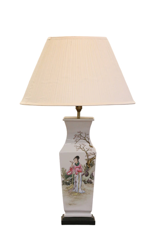 Antique Chinese Porcelain Lamp with Scholar and Calligraphy - Early 20th Century