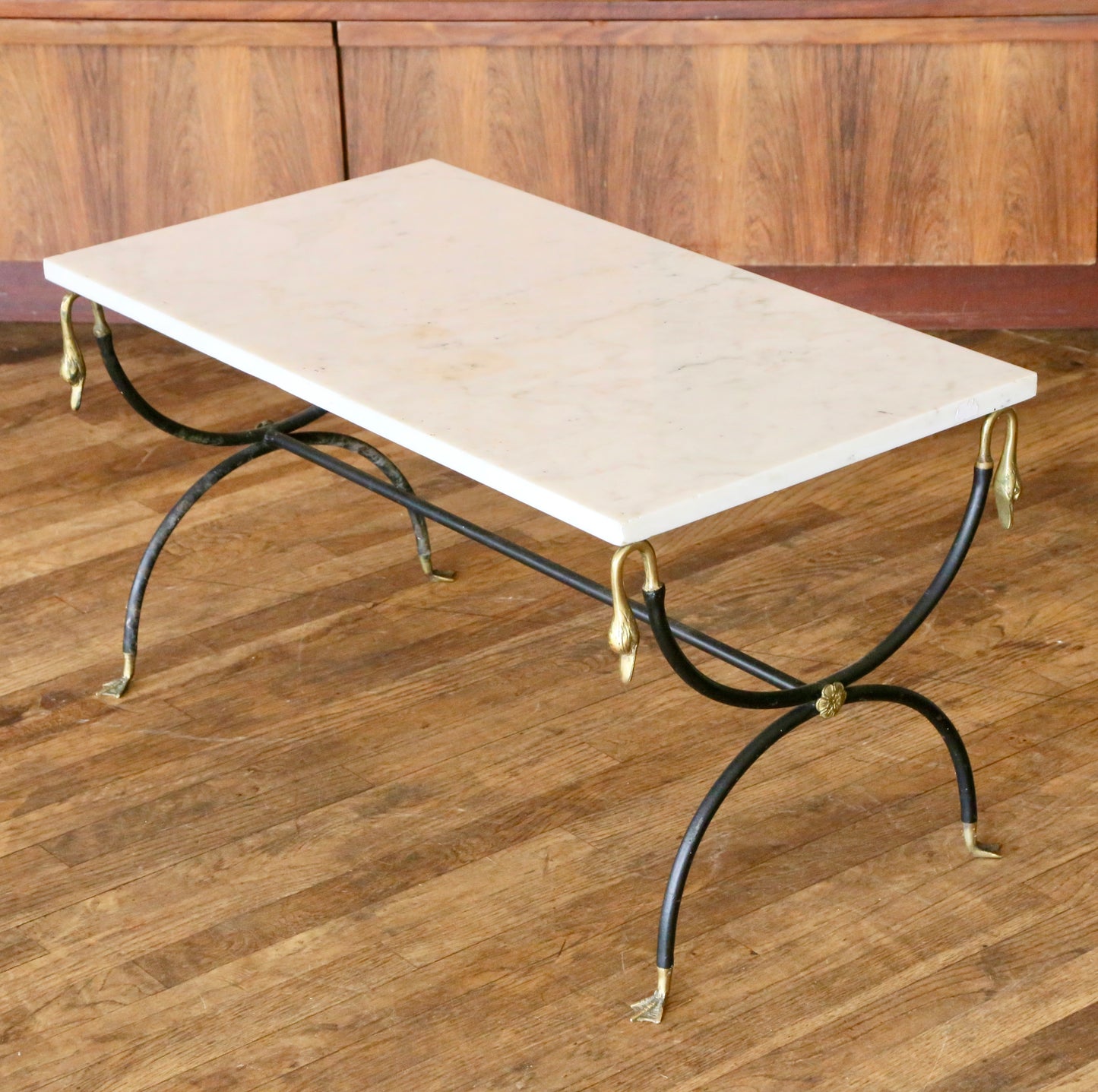 French Hollywood Regency Marble, Brushed Steel & Brass Coffee Table