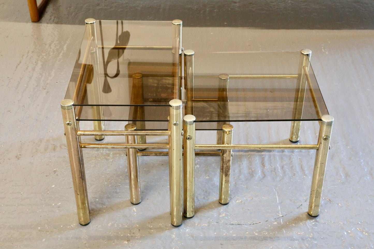 Mid Century Modern Hollywood Regency Smoked Glass Gilt Brass Nest Of Tables