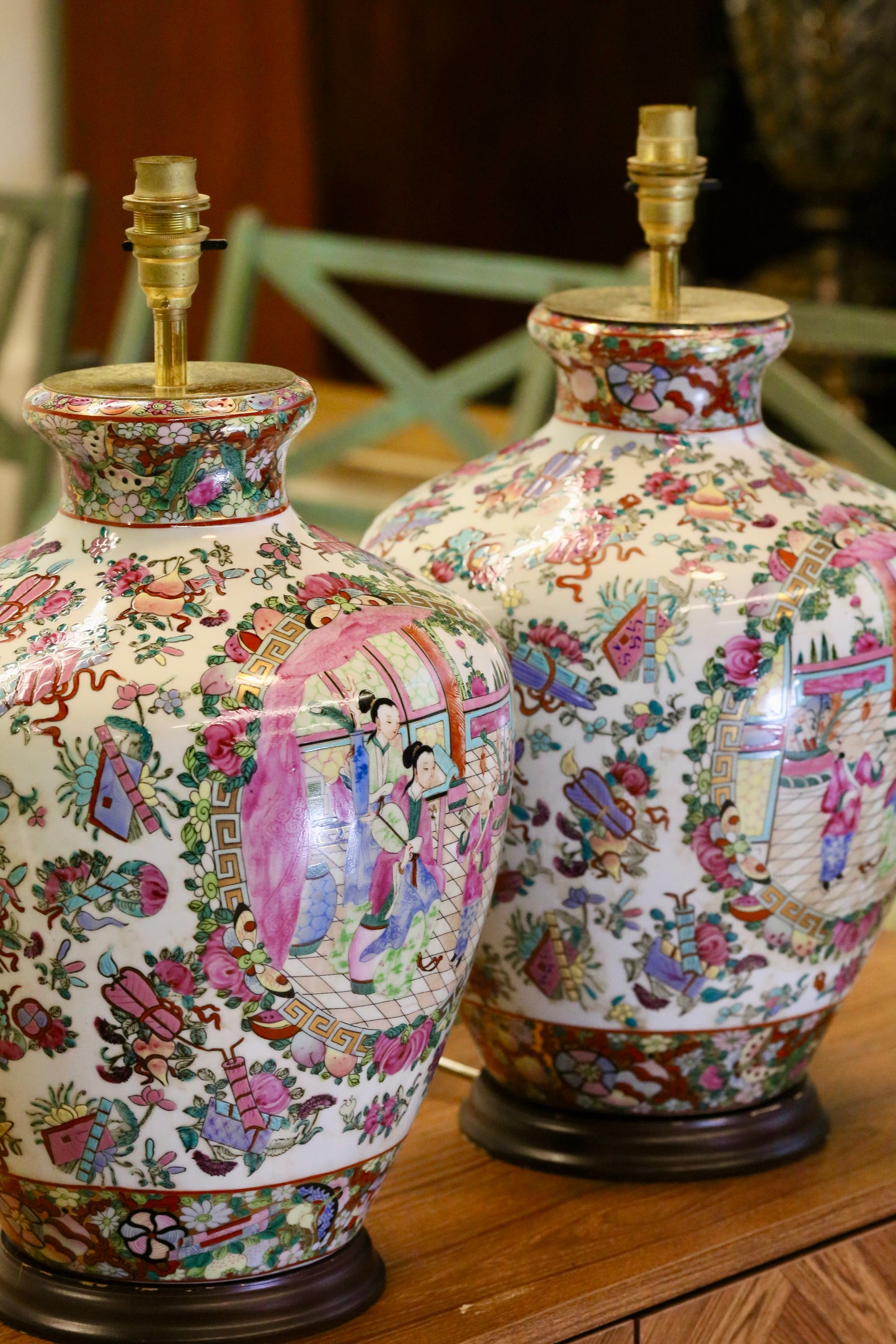 Vintage Pair of Chinese Porcelain Table Lamps with Qing Dynasty Motifs with Green Silk Shades