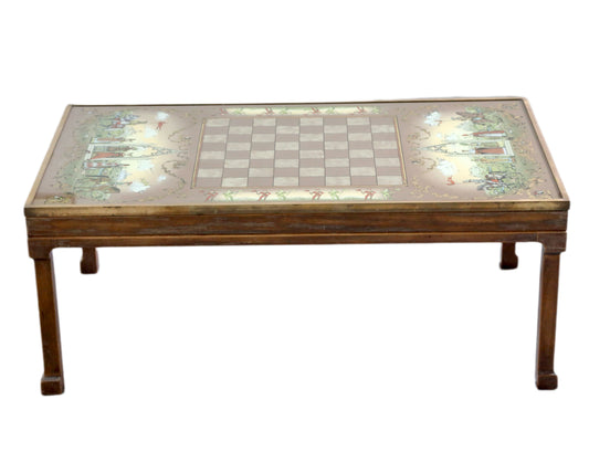 G Hosking Medieval Chess Design Reverse Painted Brass Bound Glass Coffee Table