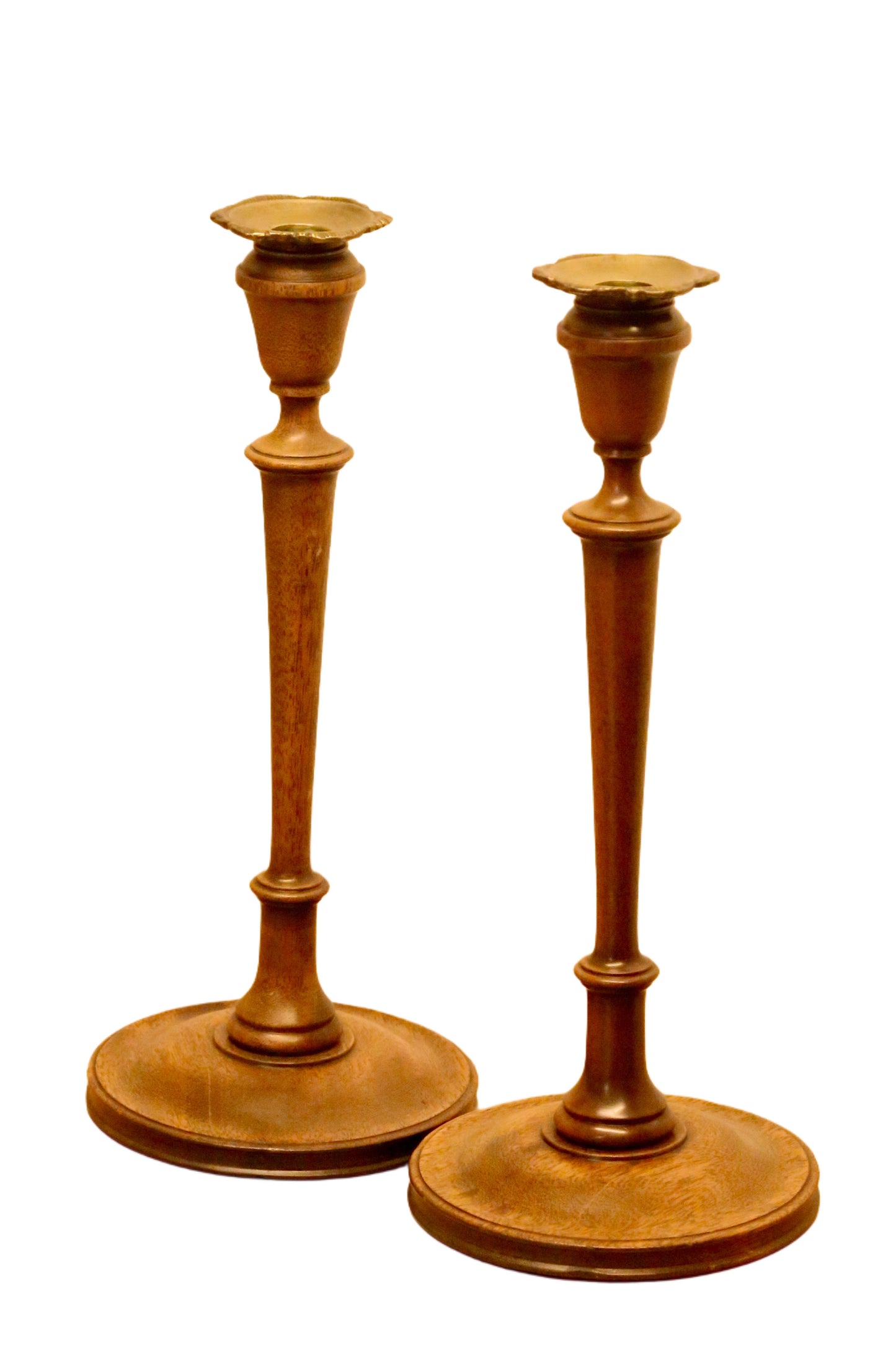 Pair Vintage Turned Oak and Brass Candle Holders