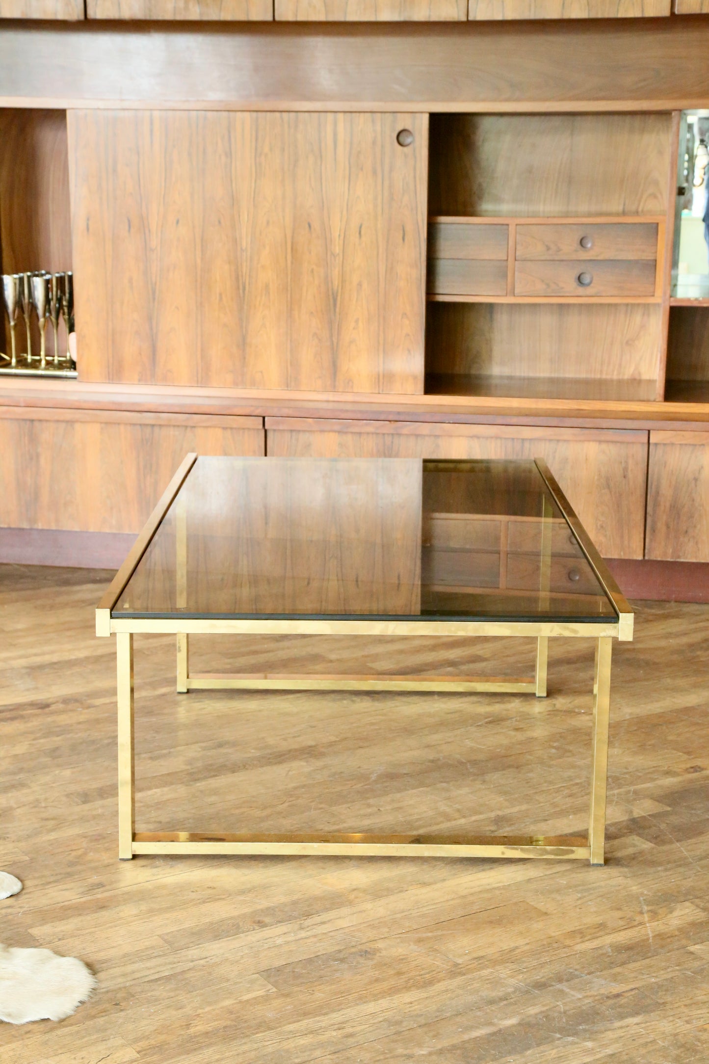 French Hollywood Regency Gilt Brass & Smoked Lucite Coffe Table