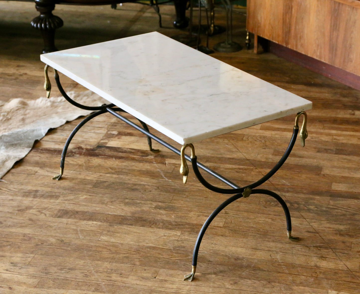 French Hollywood Regency Marble, Brushed Steel & Brass Coffee Table