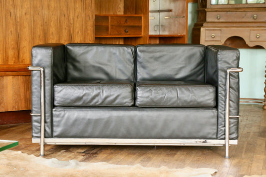 Bauhaus LC2-2 Style Chrome & Black Leather 2 Seater Sofa