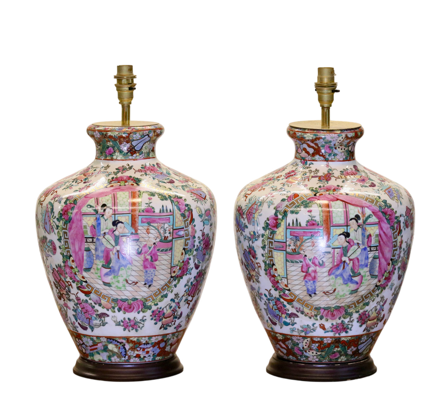 Vintage Pair of Chinese Porcelain Table Lamps with Qing Dynasty Motifs with Green Silk Shades