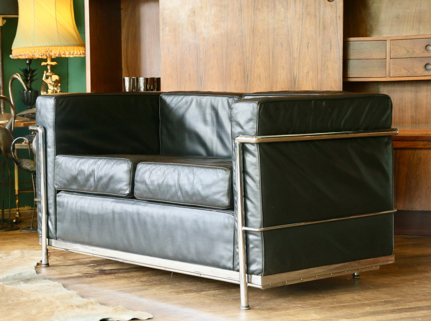 Bauhaus LC2-2 Style Chrome & Black Leather 2 Seater Sofa