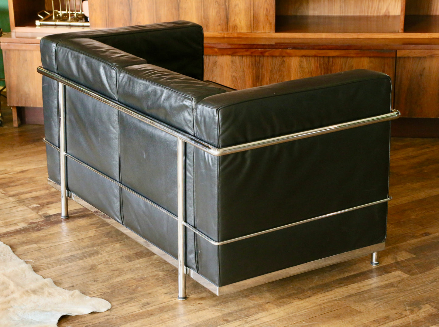 Bauhaus LC2-2 Style Chrome & Black Leather 2 Seater Sofa