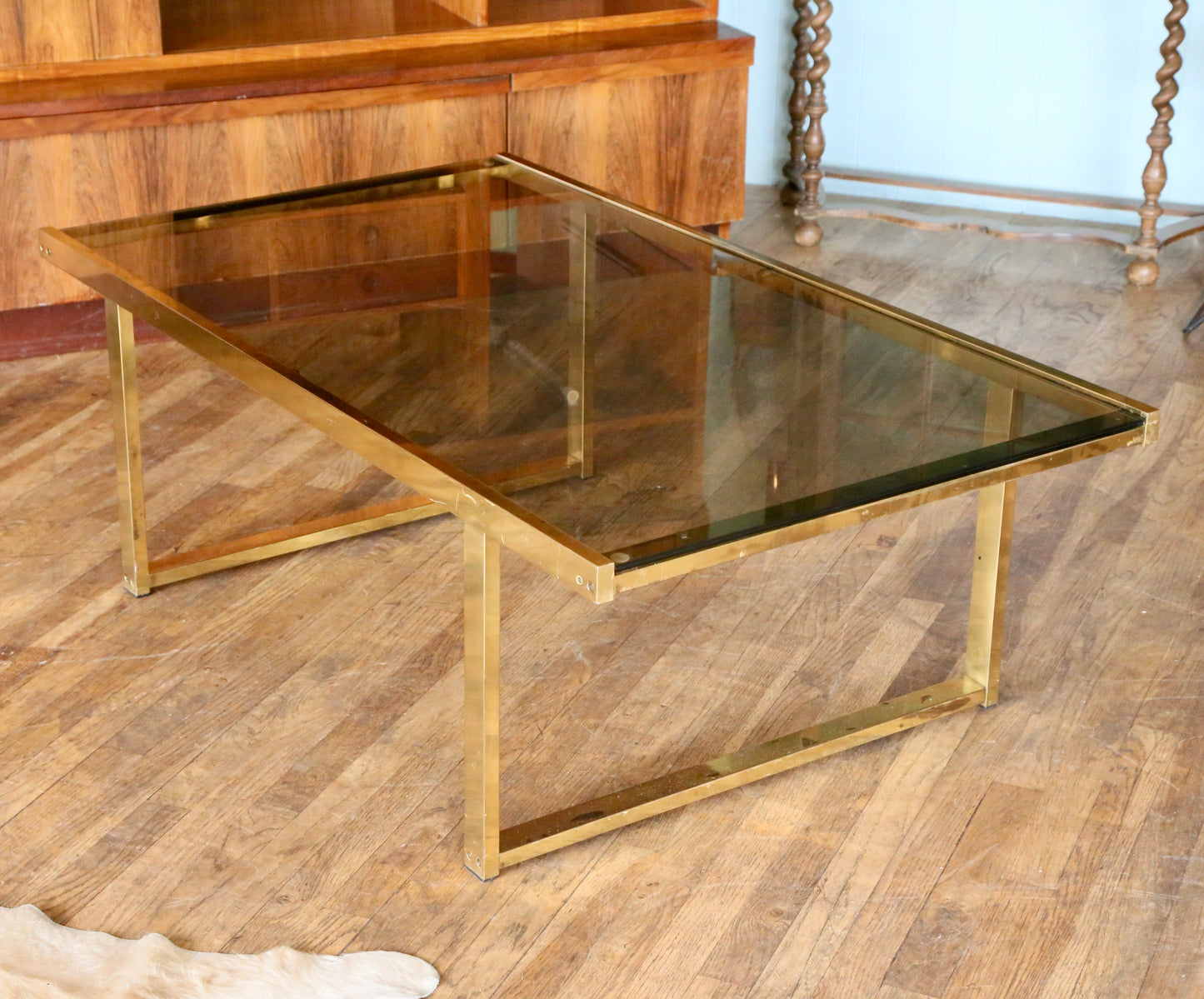 French Hollywood Regency Gilt Brass & Smoked Lucite Coffe Table