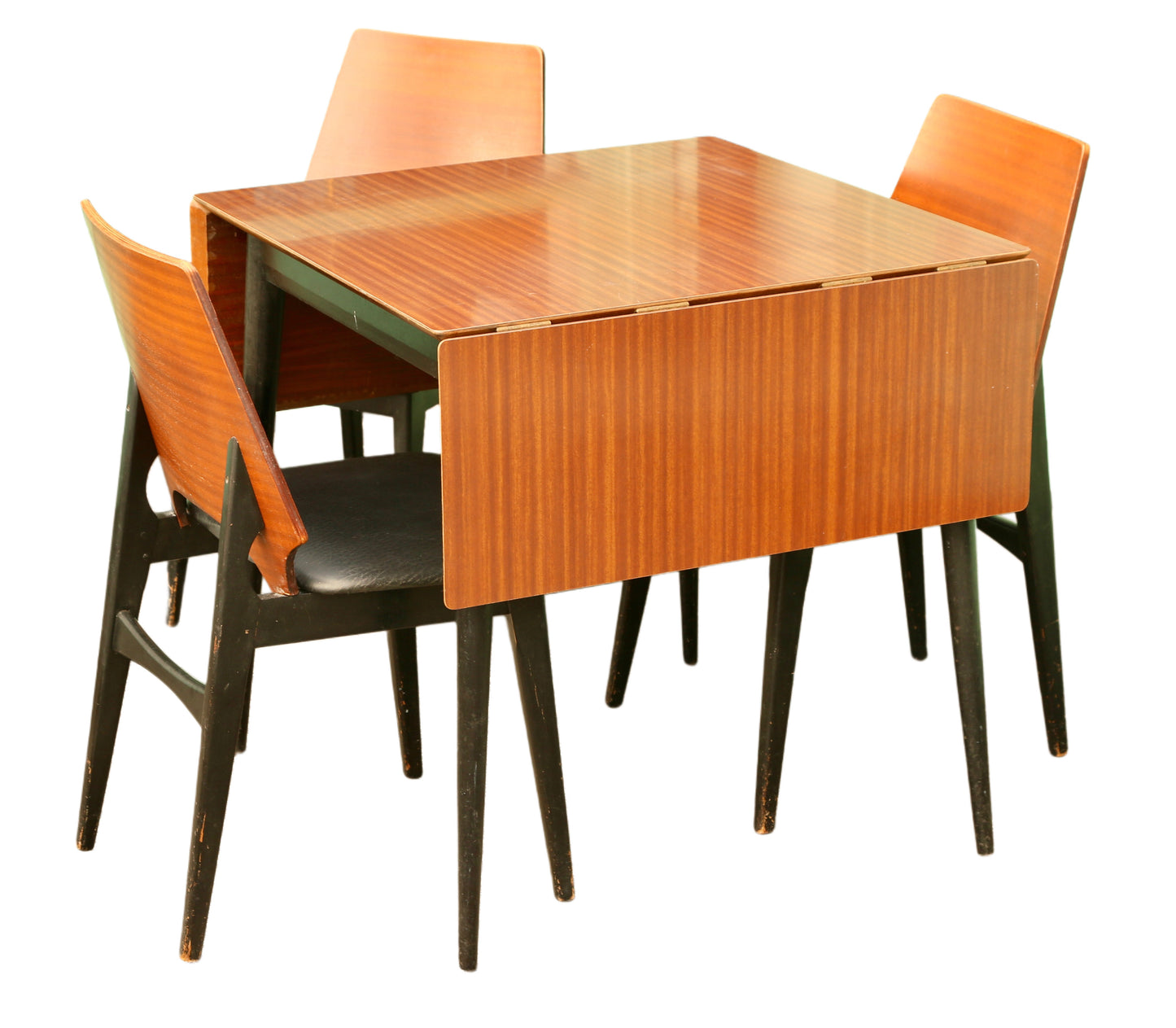 Mid Century Modern Teak Drop Leaf Extending Dining Table & Chairs