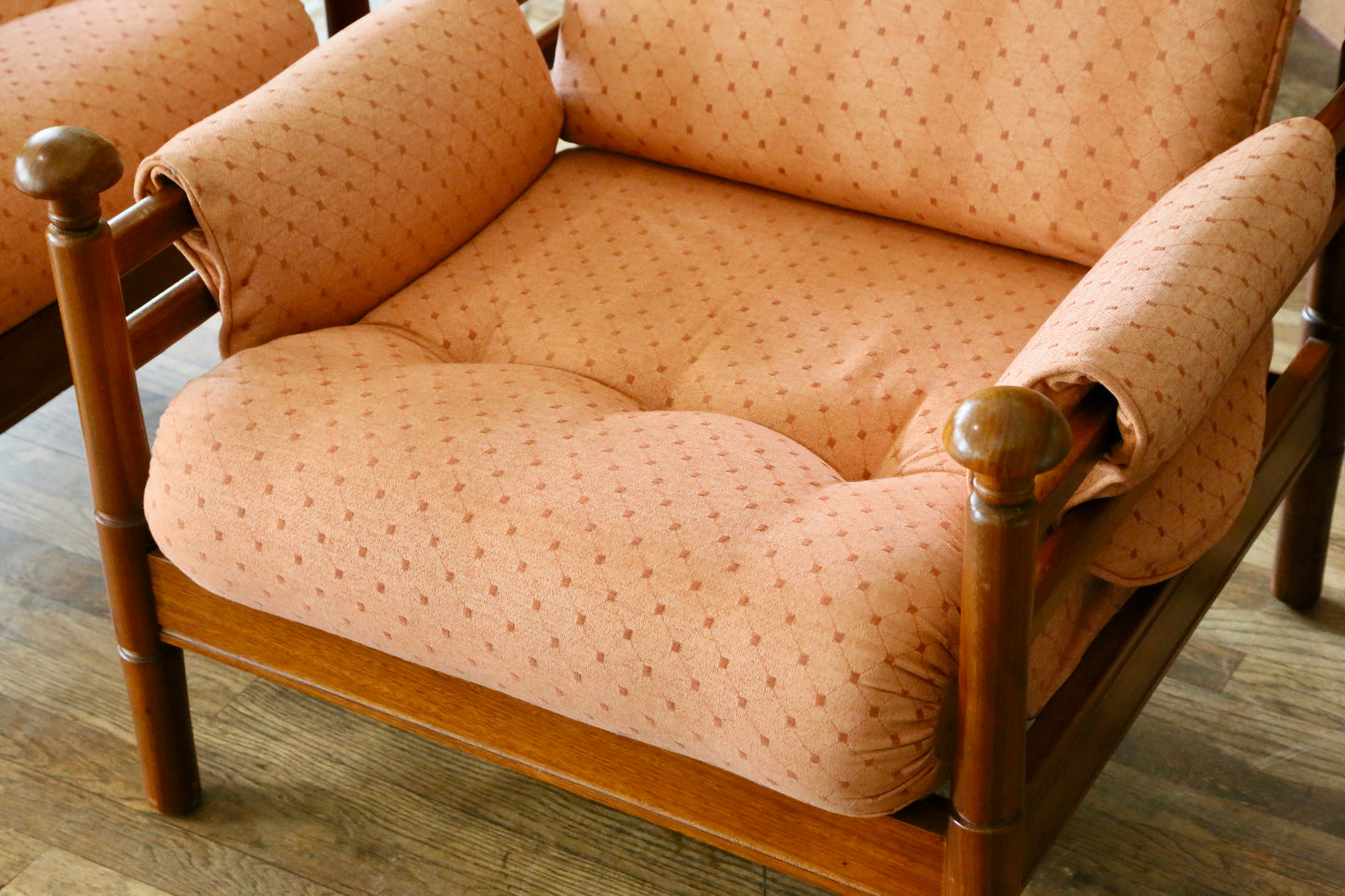 Guy Rogers, Pair British Mid Century Modern Teak Lounge Armchairs