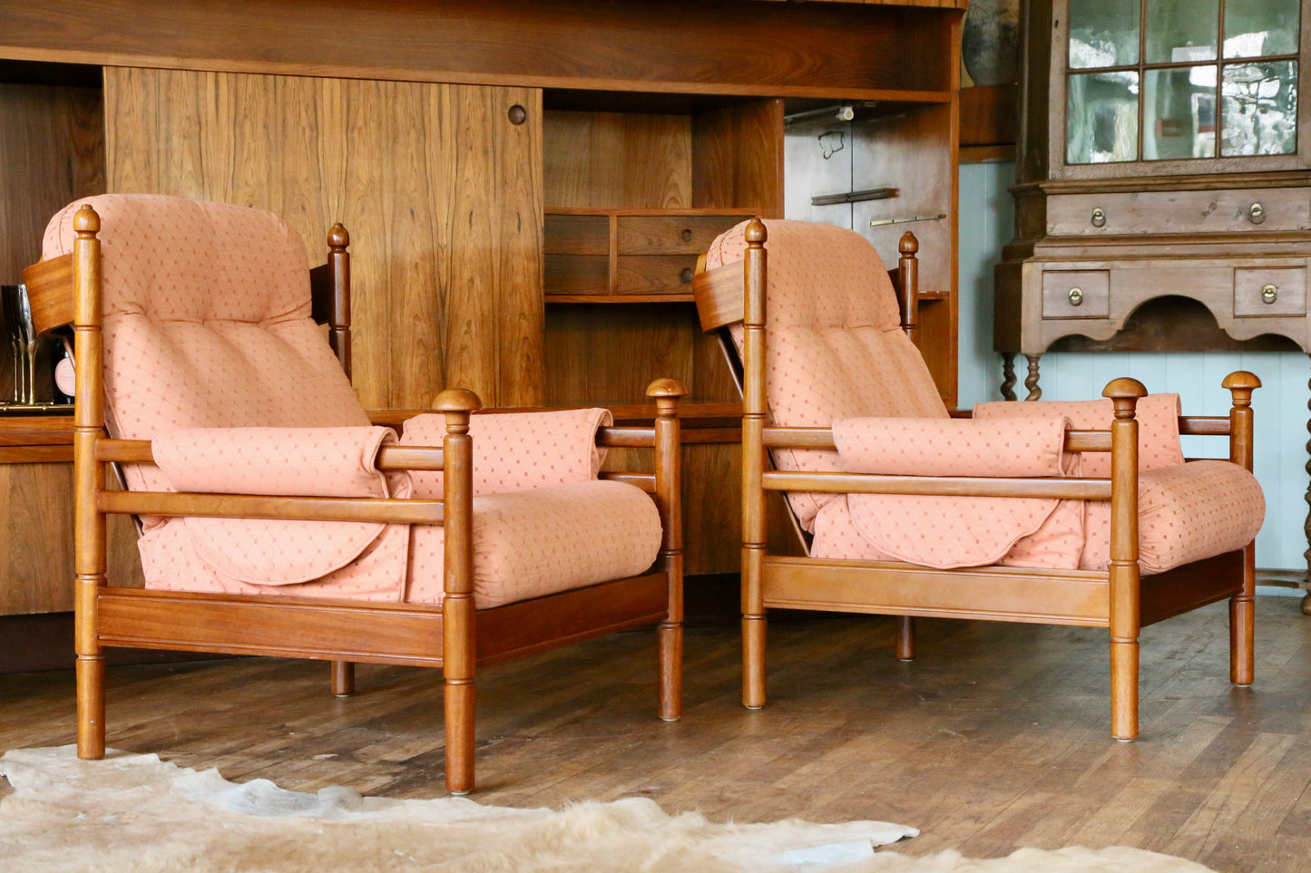 Guy Rogers, Pair British Mid Century Modern Teak Lounge Armchairs