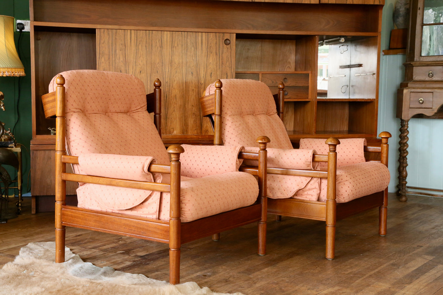 Guy Rogers, Pair British Mid Century Modern Teak Lounge Armchairs