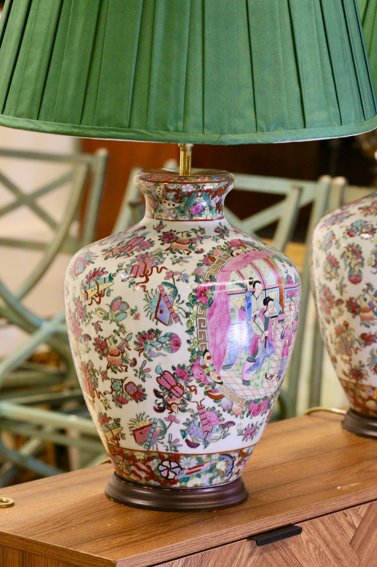 Vintage Pair of Chinese Porcelain Table Lamps with Qing Dynasty Motifs with Green Silk Shades