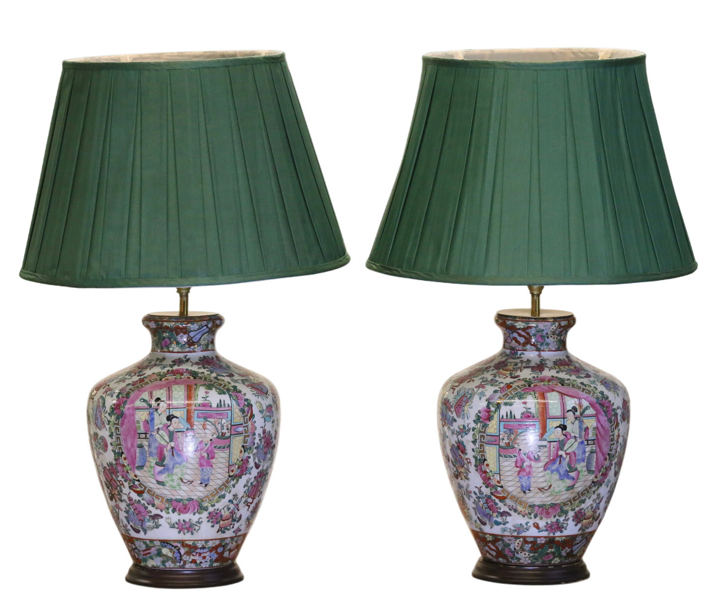 Vintage Pair of Chinese Porcelain Table Lamps with Qing Dynasty Motifs with Green Silk Shades