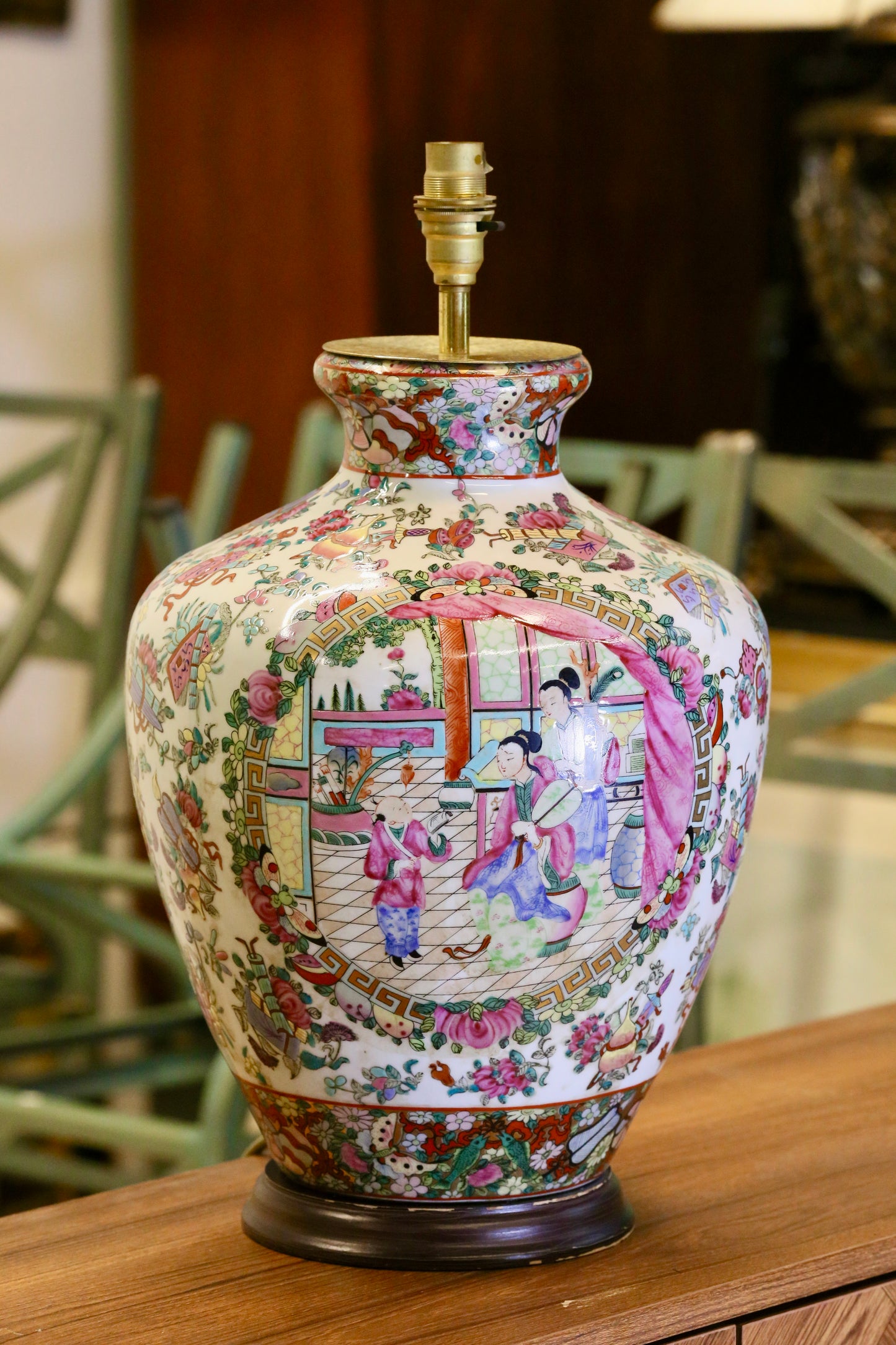 Vintage Pair of Chinese Porcelain Table Lamps with Qing Dynasty Motifs with Green Silk Shades