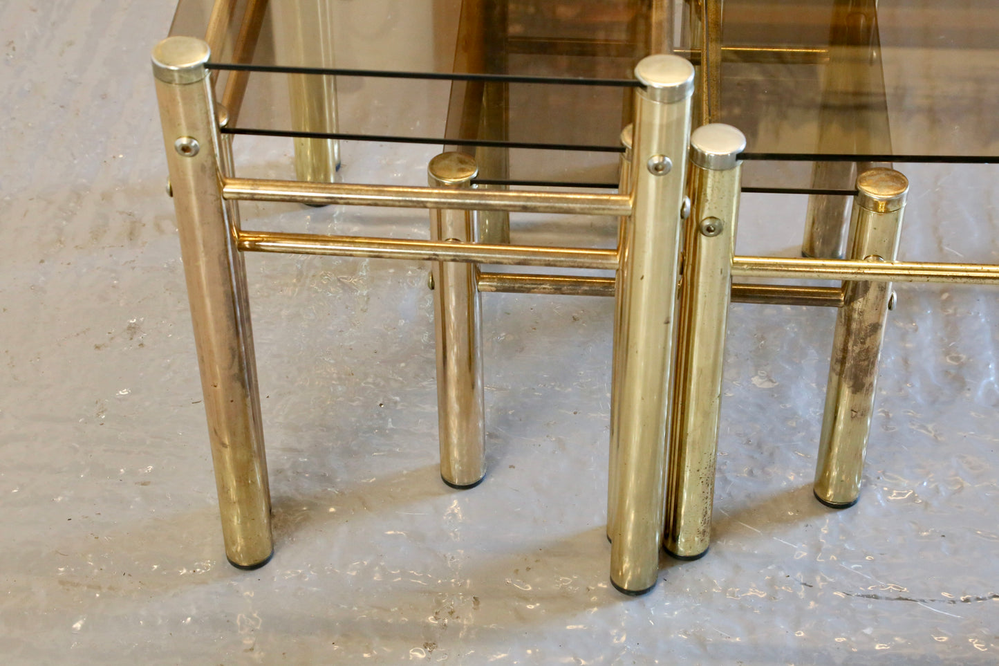 Mid Century Modern Hollywood Regency Smoked Glass Gilt Brass Nest Of Tables