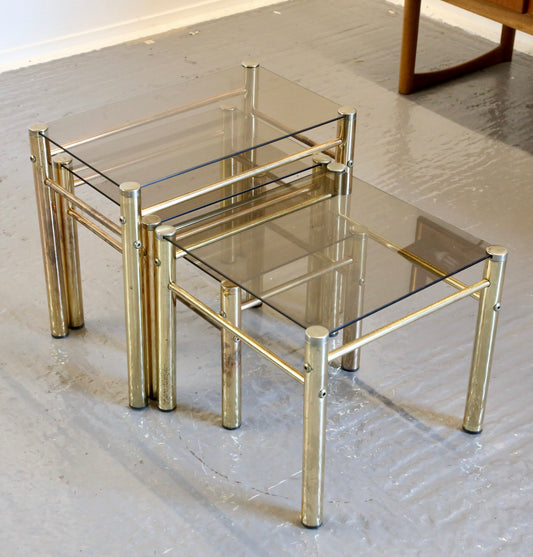 Mid Century Modern Hollywood Regency Smoked Glass Gilt Brass Nest Of Tables