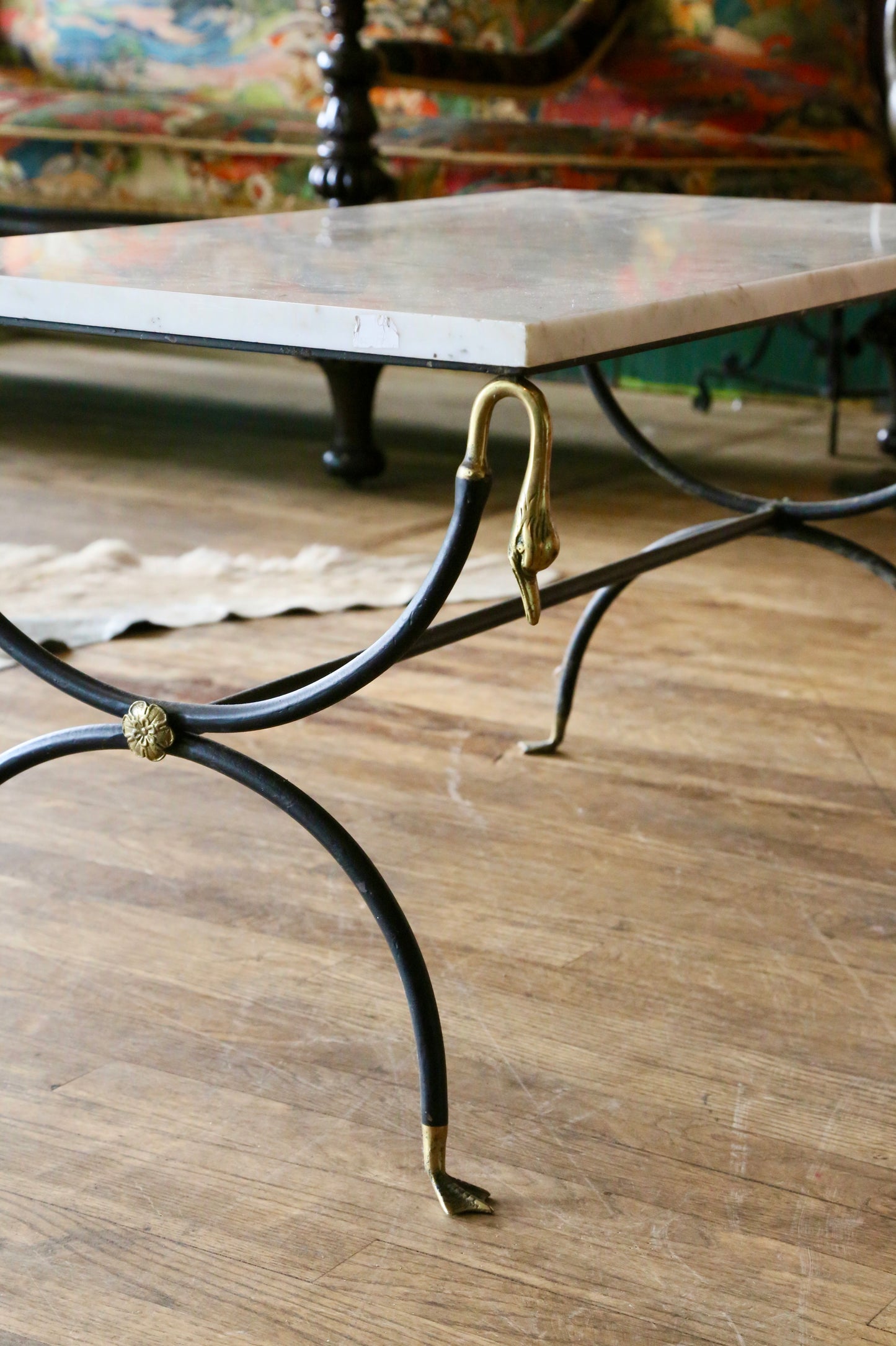 French Hollywood Regency Marble, Brushed Steel & Brass Coffee Table