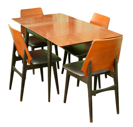 Mid Century Modern Teak Drop Leaf Extending Dining Table & Chairs