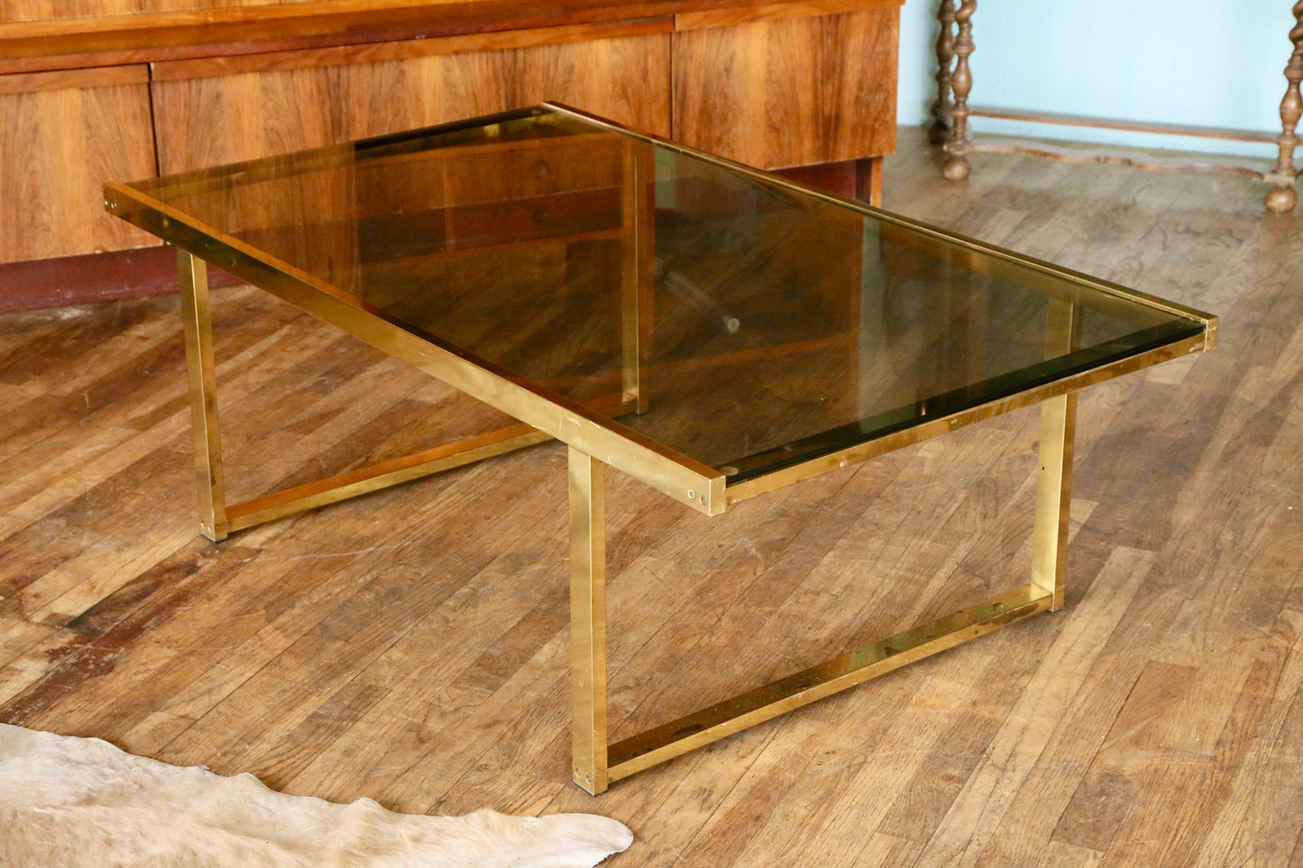 French Hollywood Regency Gilt Brass & Smoked Lucite Coffe Table