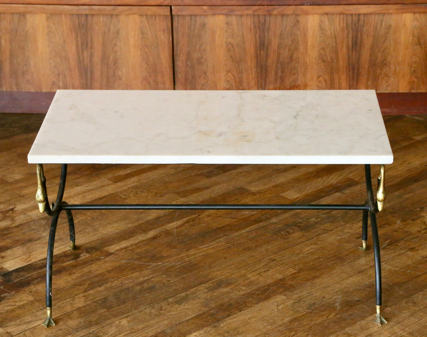 French Hollywood Regency Marble, Brushed Steel & Brass Coffee Table