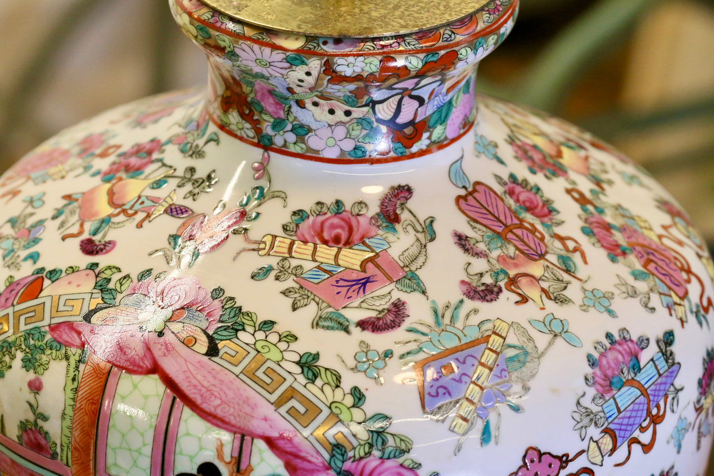 Vintage Pair of Chinese Porcelain Table Lamps with Qing Dynasty Motifs with Green Silk Shades