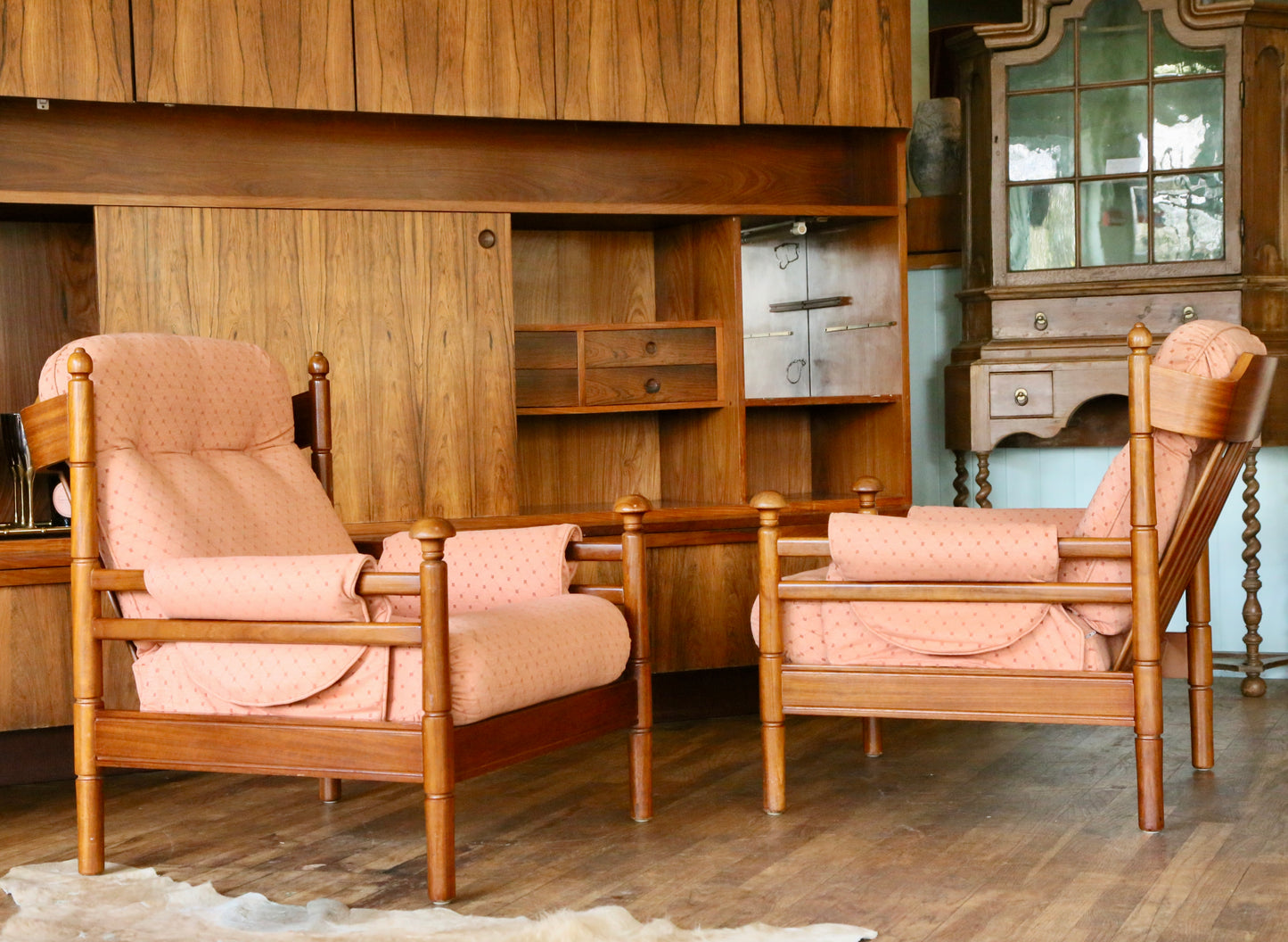 Guy Rogers, Pair British Mid Century Modern Teak Lounge Armchairs