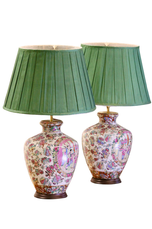 Vintage Pair of Chinese Porcelain Table Lamps with Qing Dynasty Motifs with Green Silk Shades