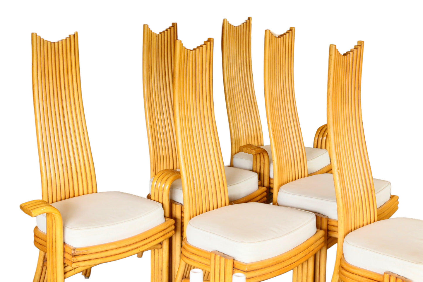 Fine Set of 6(4+2) Modernist Tall Back Rattan/Wicker Dining Chairs By Arthur Edwards For McGuire