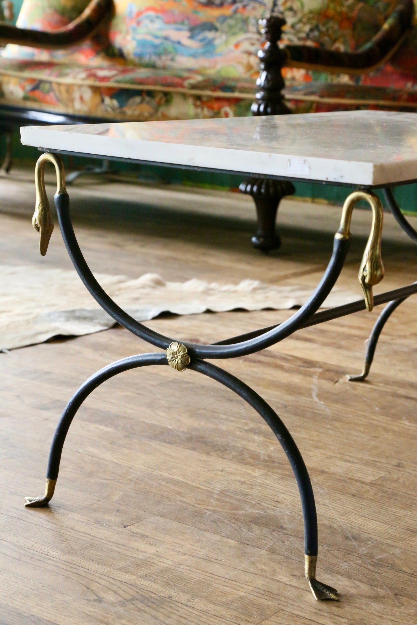 French Hollywood Regency Marble, Brushed Steel & Brass Coffee Table