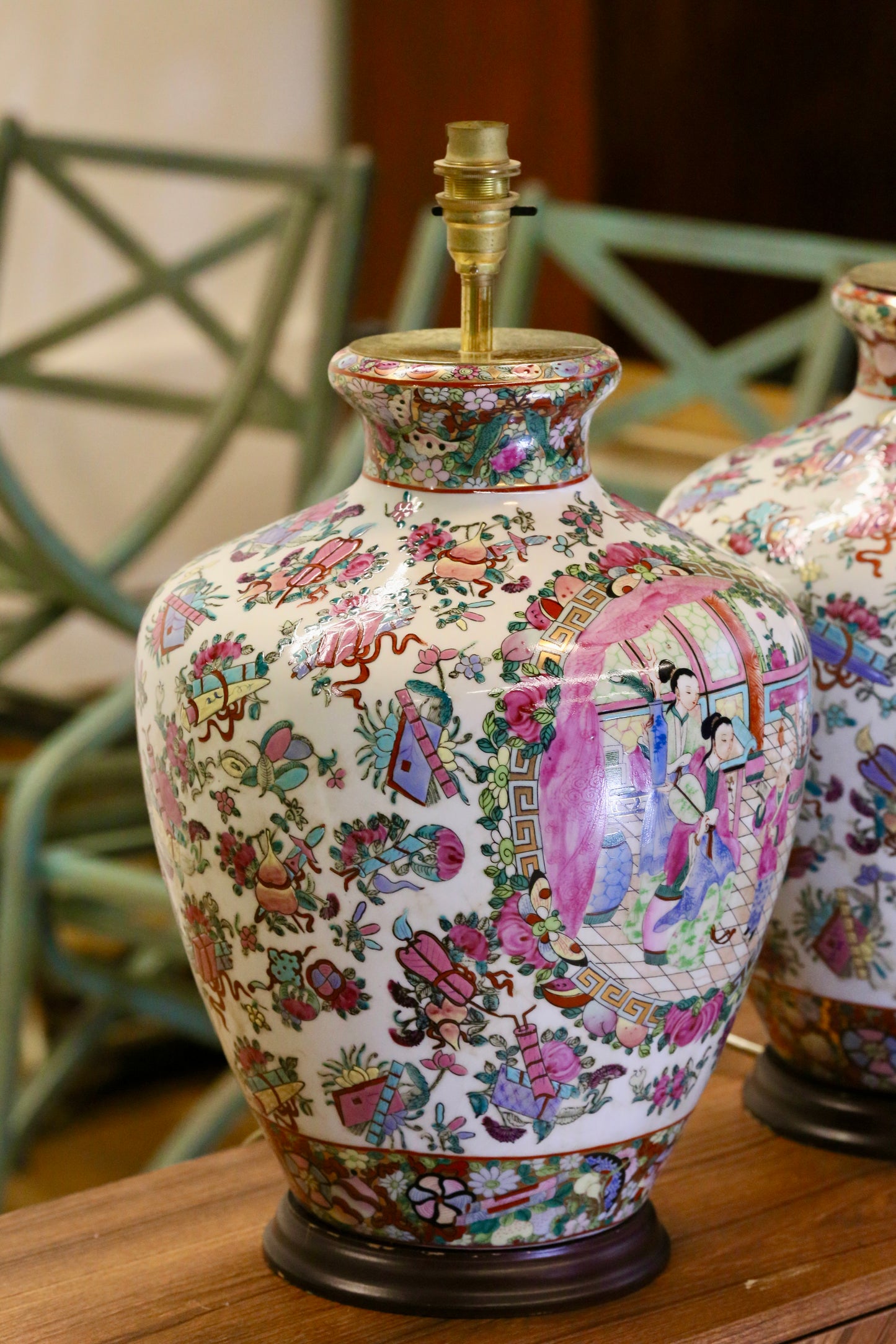 Vintage Pair of Chinese Porcelain Table Lamps with Qing Dynasty Motifs with Green Silk Shades