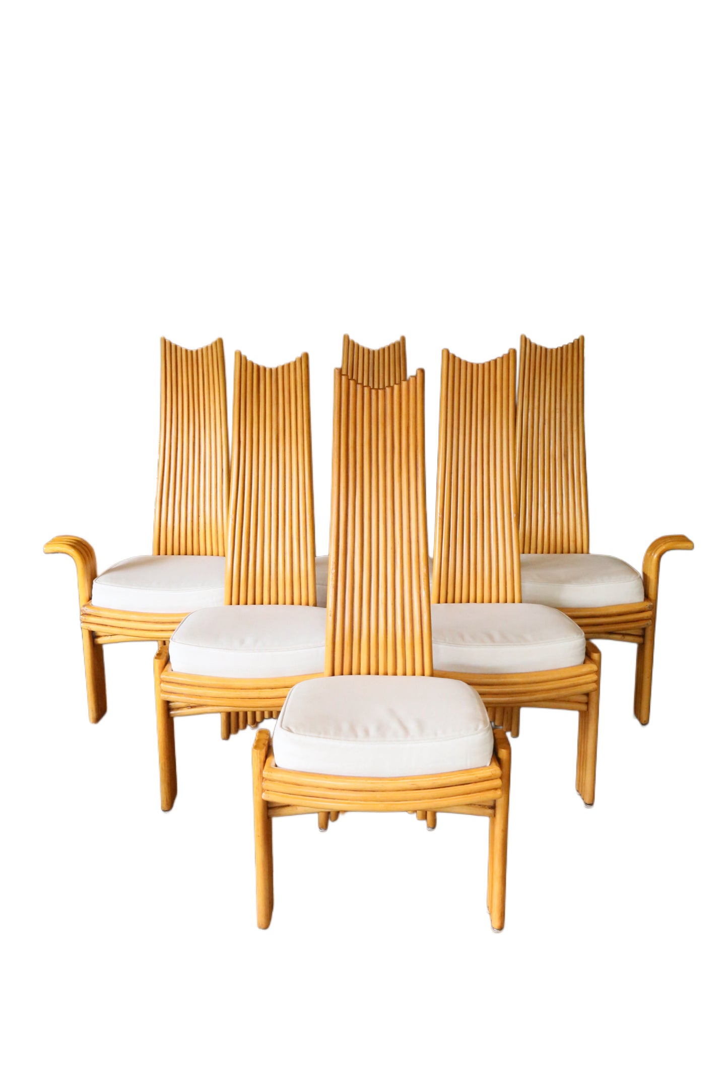 Fine Set of 6(4+2) Modernist Tall Back Rattan/Wicker Dining Chairs By Arthur Edwards For McGuire