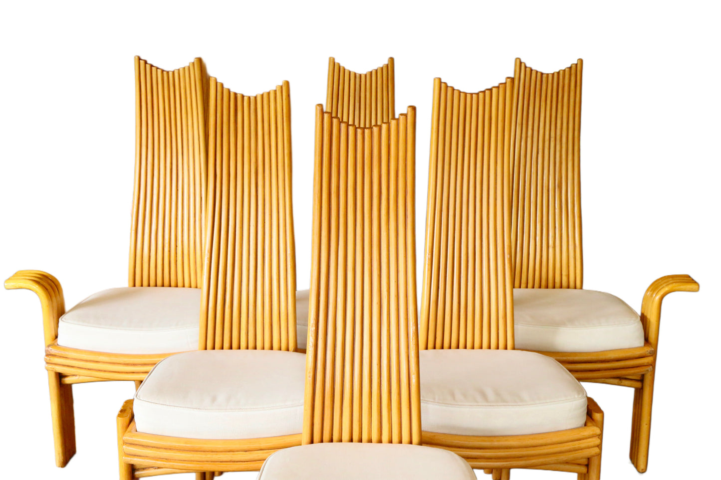 Fine Set of 6(4+2) Modernist Tall Back Rattan/Wicker Dining Chairs By Arthur Edwards For McGuire