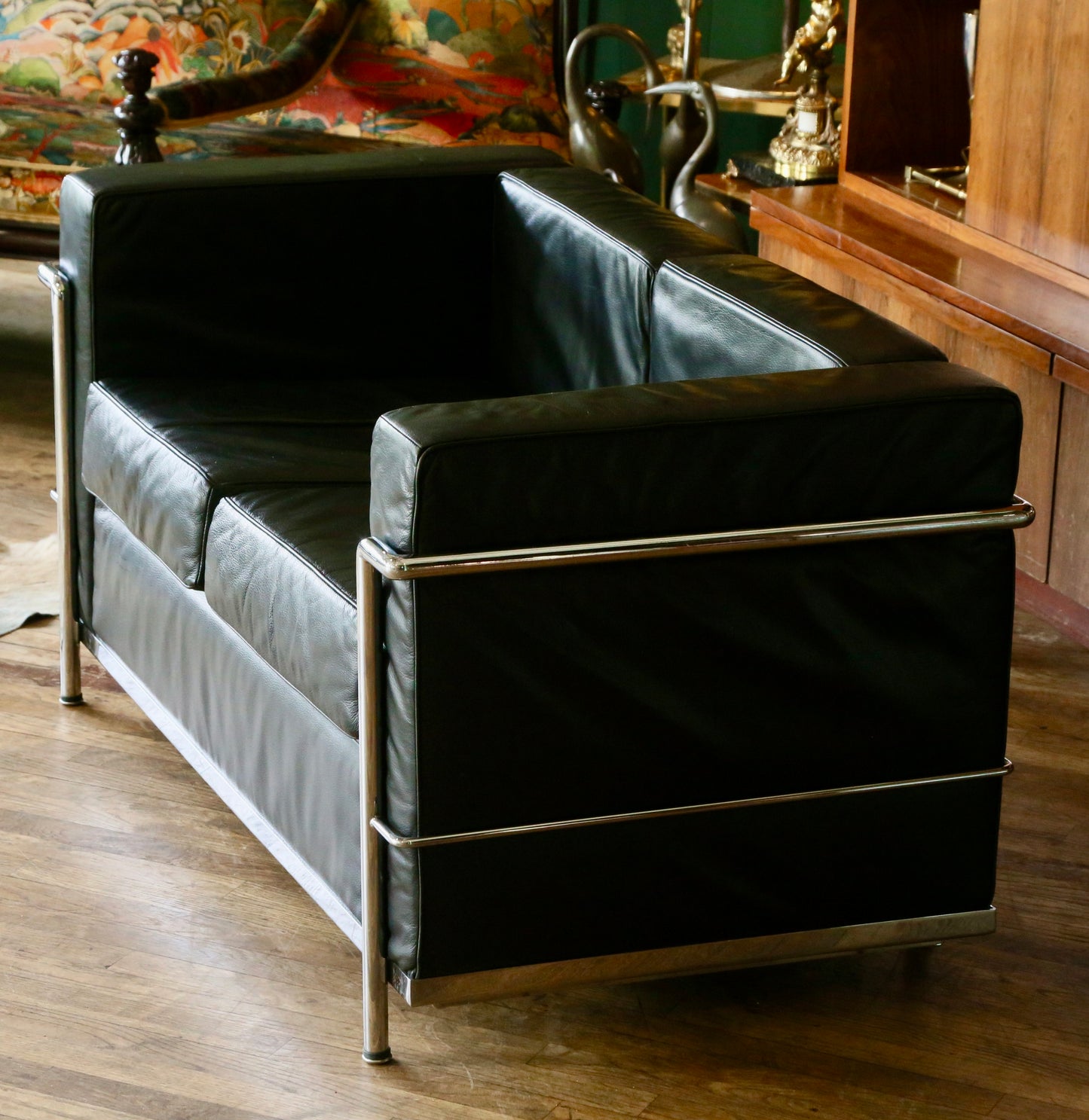 Bauhaus LC2-2 Style Chrome & Black Leather 2 Seater Sofa