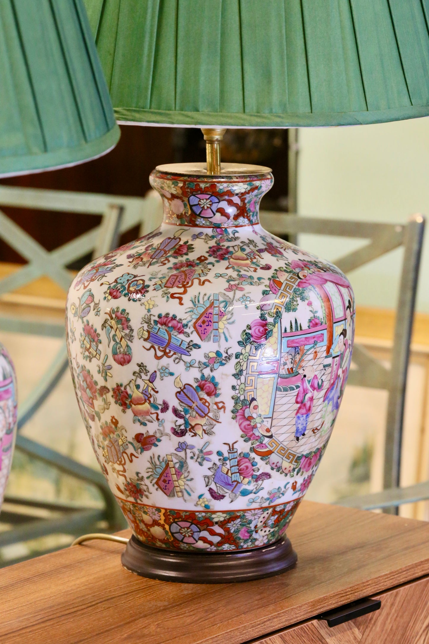 Vintage Pair of Chinese Porcelain Table Lamps with Qing Dynasty Motifs with Green Silk Shades